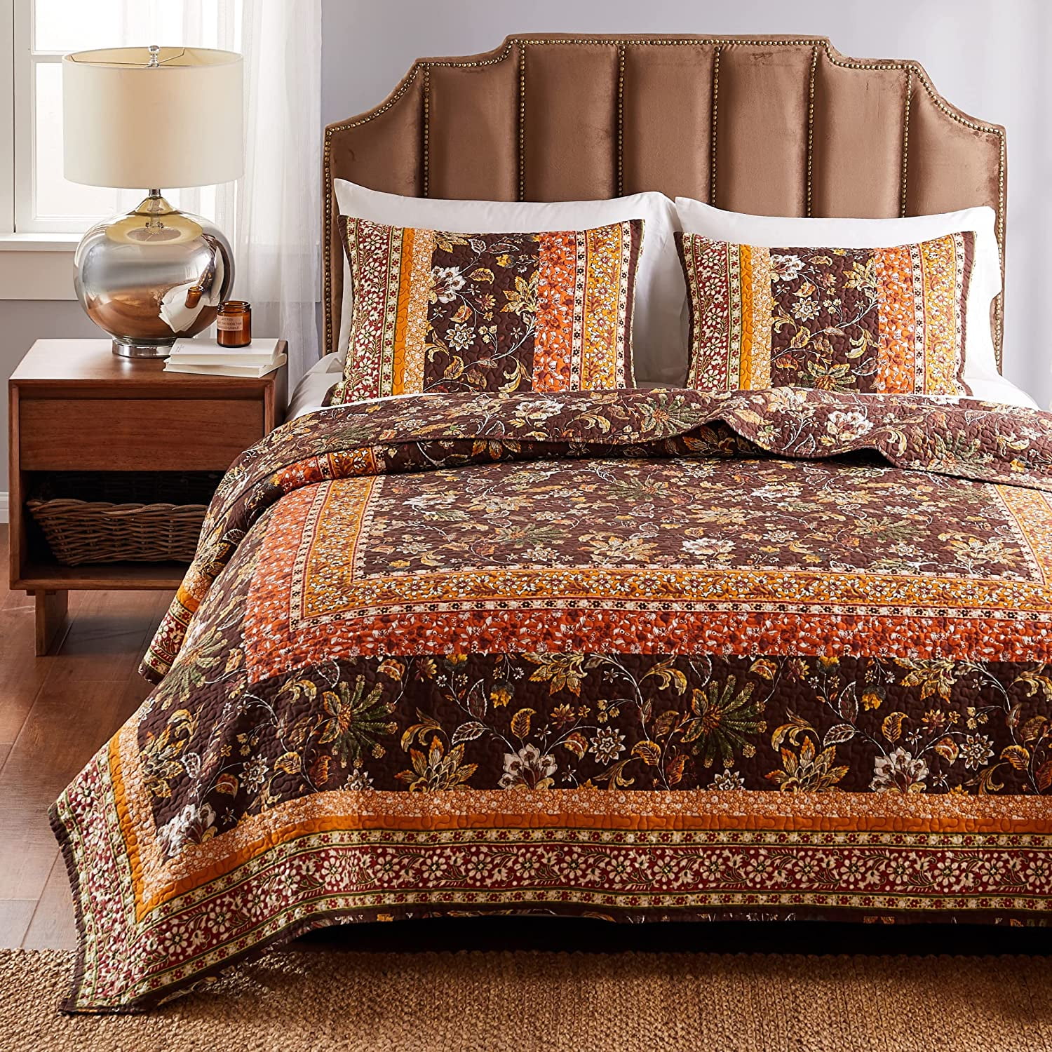 Barefoot Bungalow Audrey Vintage Floral Quilt Set, Reversibe, 2-Piece Twin-XL, Chocolate
