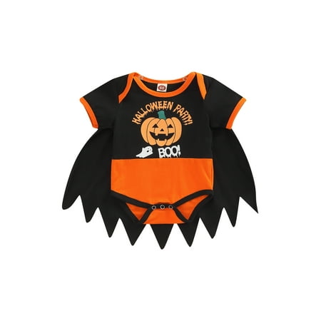 

Infant Baby Boy Girl Halloween Outfits Short Sleeve Pumpkin Print Romper Jumpsuit with Cloak Cape