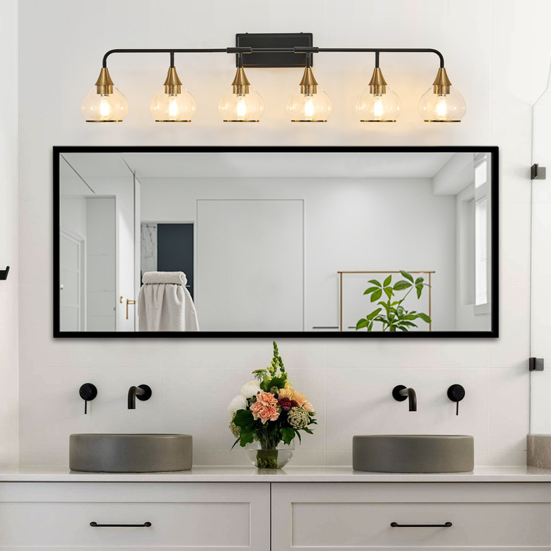 48" Modern Black and Gold 6-Light Bathroom Vanity Light Fixture, Clear Glass Shades Wall Sconce for Mirror, Living Room, or Vanity (Bulbs Not Included)