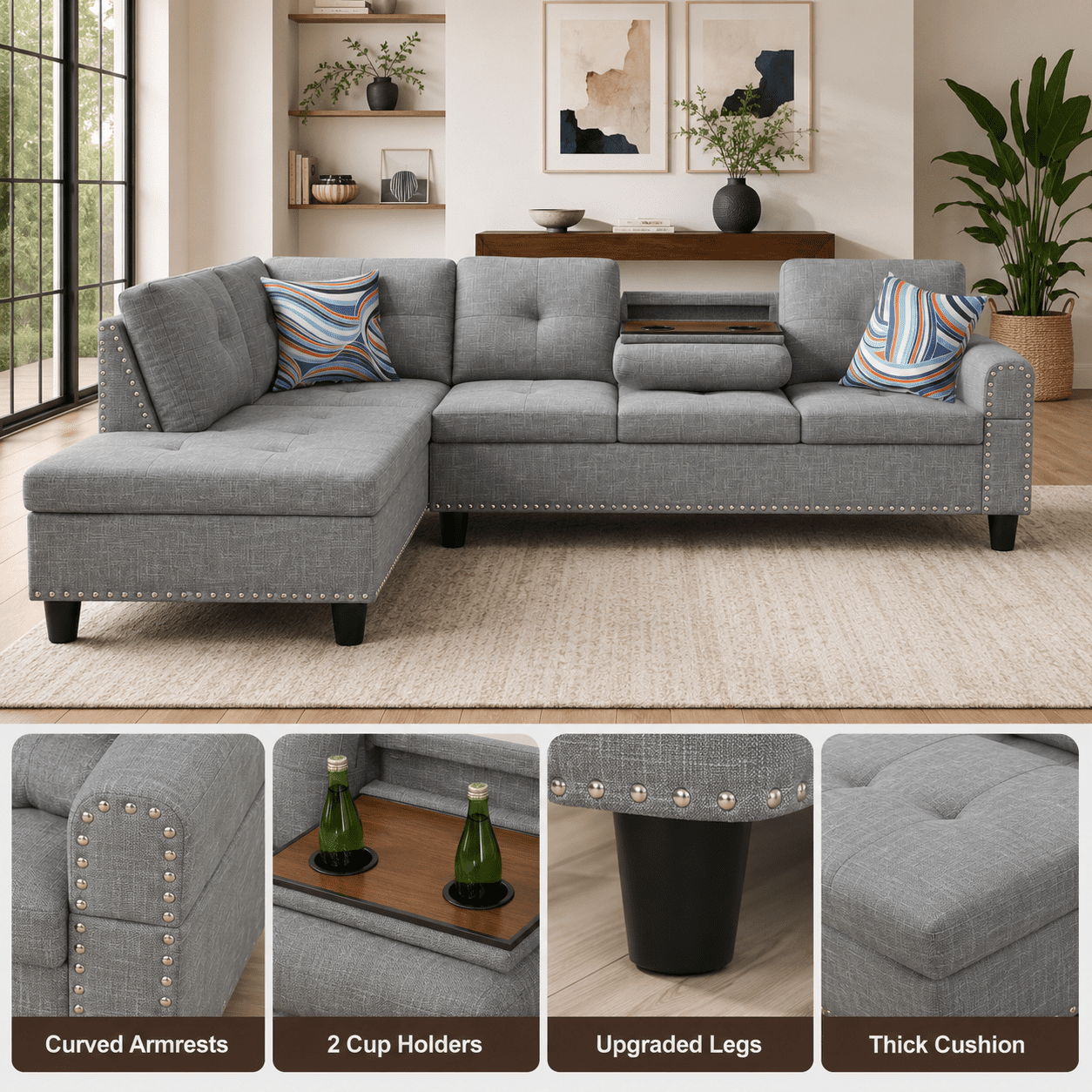 Momspeace 3 Piece Sectional Sofa with Cup Holder, 98" Linen L-Shaped Sofa for Living Room, Gray