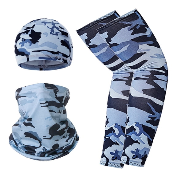 Camouflage Ice Silk 3-Piece Sun Protection Combo: Beanie Neck Gaiter & UV Arm Sleeves for Multi Outdoor Activities Gray