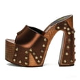 thumbnail image 2 of FSJ Women Platform Clogs Mules Open Toe Wooden Block High Heel Sandals Rivet Studded Chunky Slides Size 4 Brown, 2 of 4