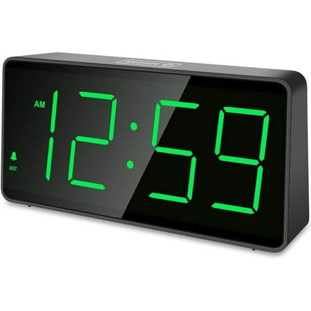Battery Operated Digital Alarm Clock for Bedrooms - Cordless Large Big Numbers 4 Dimmers, Auto Dimming Seniors, Adjustable Volume Loud Heavy Sleepers Adults (Green Digits)