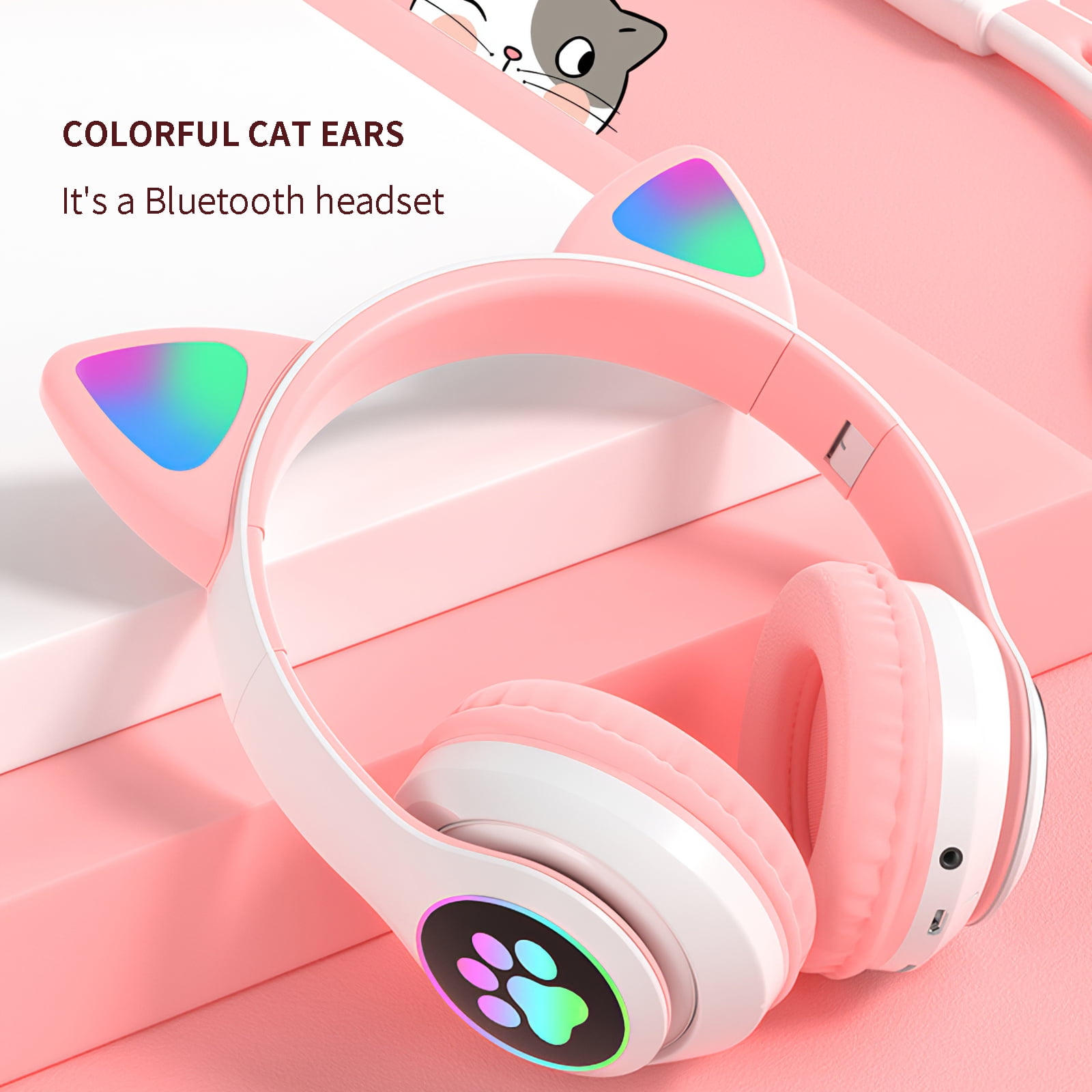 Bluetooth 5.0 Wireless Gaming Headset Cute Cat Ear Headphones with Noise Canceling Mic LED Light for Kids Adult Jingtaihua Gaming Headset