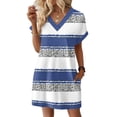thumbnail image 2 of Women's Striped Print V-Neck Short Sleeve Casual Dress with Pocket, Pullover Summer Dress, Comfortable Loose Fit, Fashionable Ladies Daily Wear,Blue,S, 2 of 8