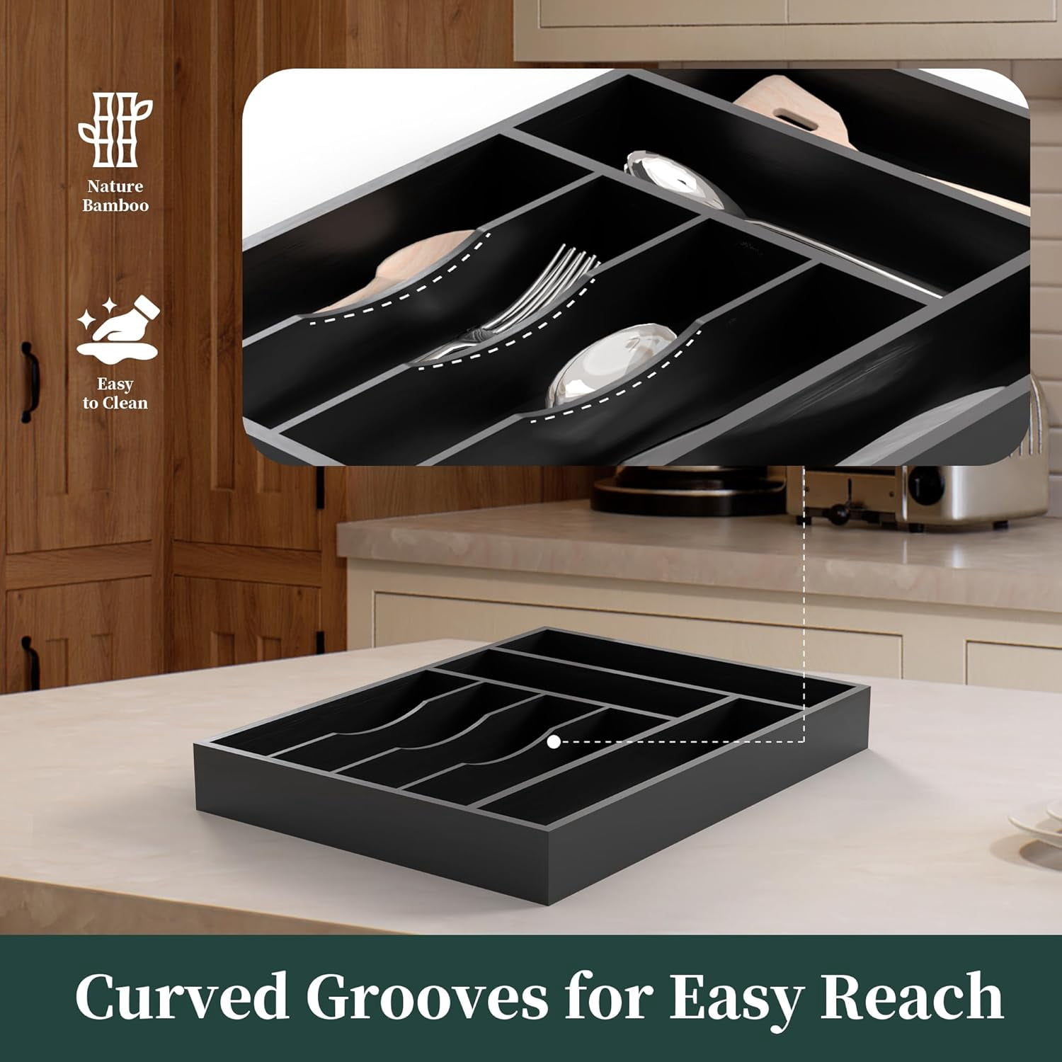 UniVerse Bamboo Silverware Organizer, Kitchen Drawer Organizer, Utensil Holder, Cutlery Tray & Spoon Flatware Storage with Grooved Drawer Dividers (7 Slots, Black)