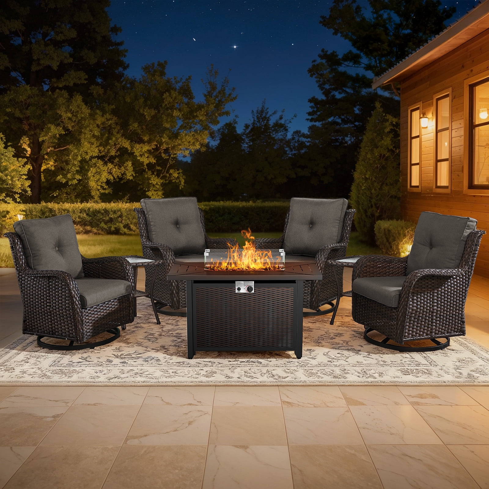 Bellefurn 7 Pieces Patio Furniture Sets with Fire Pit,High-Back Rattan Patio Outdoor Conversation Set with 4 Swivel Chairs & Coffee Table for Porch Deck Backyard Poolside