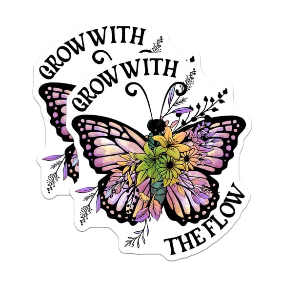 (2 Pack) Grow with The Flow Stickers - Floral Butterfly Stickers - Inspirational Saying - 5" On Longest Side - Sticks to Smooth Flat Surfaces - Made in USA - BMCS18680
