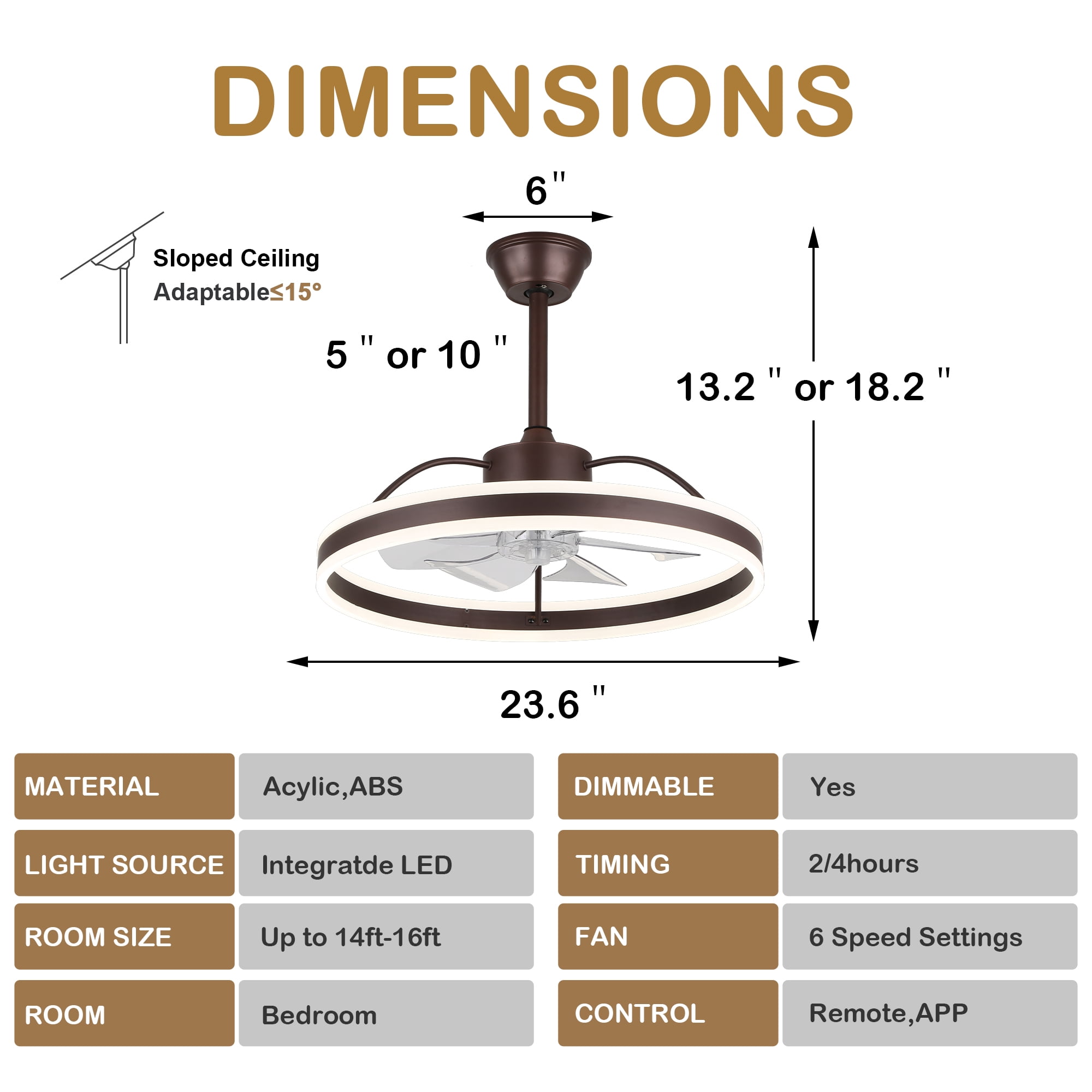24" Modern Reversible Ceiling Fan with Dimmable Light, 6-Speed Ceiling Fan with Remote and APP Control