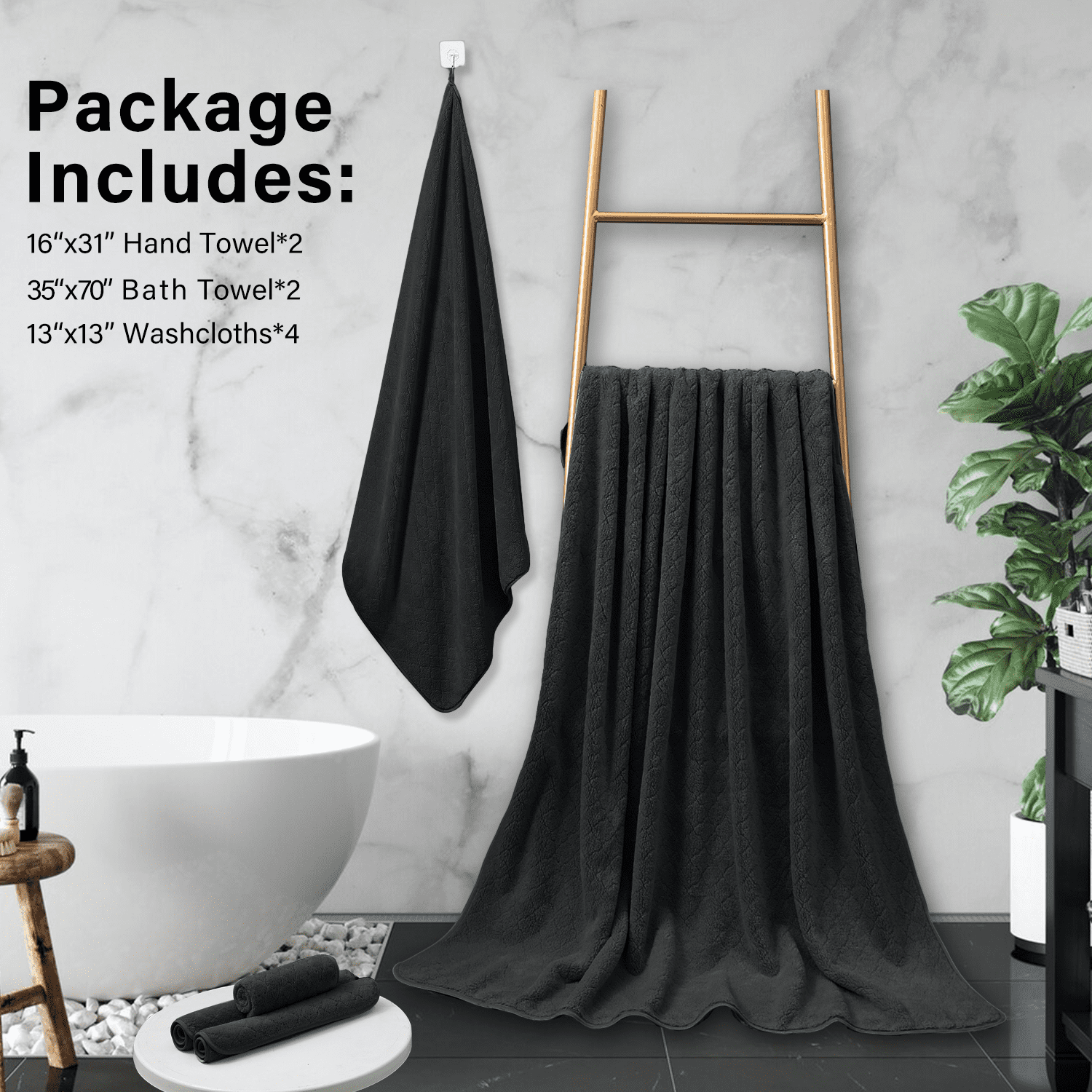 Beartech 8 Piece Microfiber Bath Towels Set - 2 Bath sheets,2 Hand Towels,4 Washcloths,Soft & Highly Absorbent Family Towels,Quick Dry & Less Lint Shower towels for Bathroom,Spa-Black