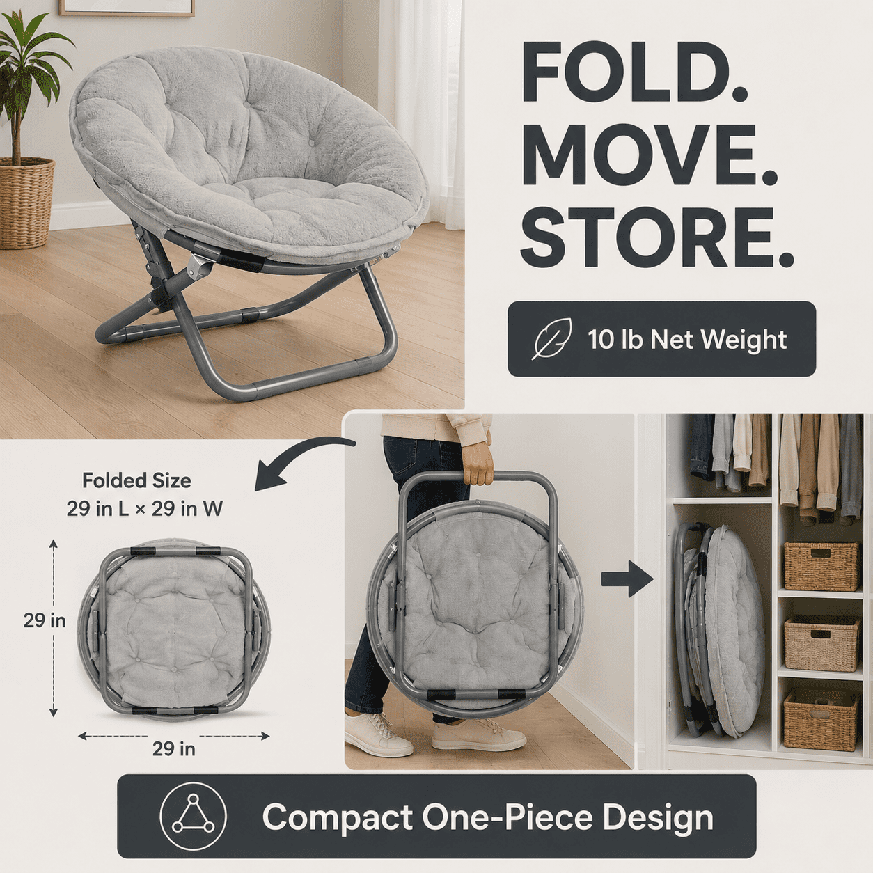 CLOUDREST PRO Soft Plush Folding Saucer Chair for Adults, Padded Round Lounge Seat, Metal Frame, 300 lb Capacity, Gray