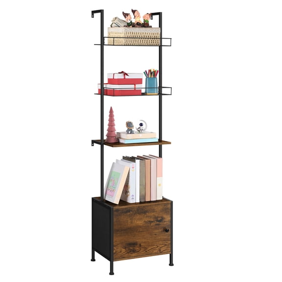 Tall Narrow Storage Shelf with Cabinet Matte Black Metal Frame   Wood Shelves for Living Room, Kitchen & Office