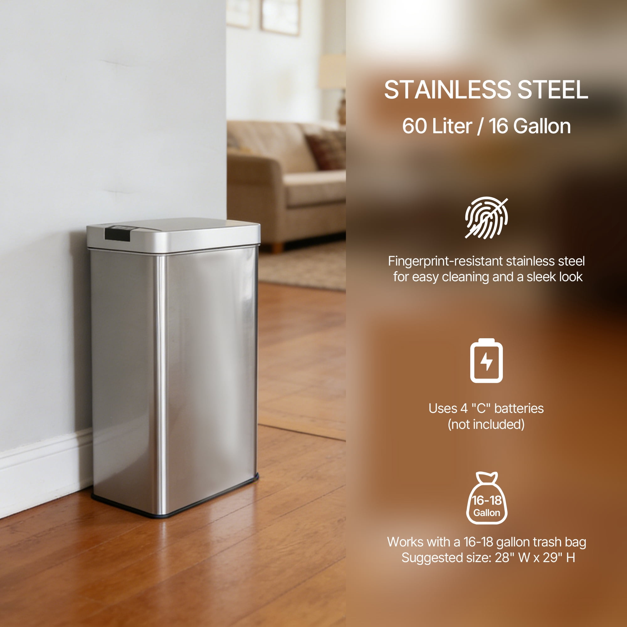 Innovaze 16 Gallon Stainless Steel Slim Motion Sensor Trash Can with Plastic Butterfly Lid, Silver