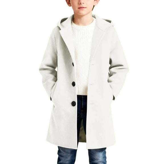 ATOGUTA Boys Winter Pea Coat Dress Coats Kids Trench Coat Winter Pea Coat with Pockets Size 5T-14 White