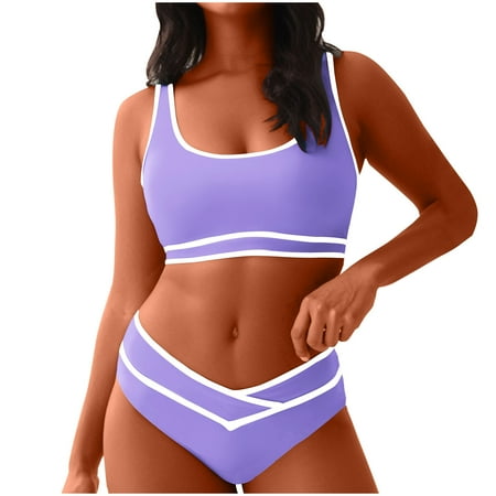 GERsome Women s 2 Piece Bikini Sets Color Block Sporty Swim Tops with High Waisted Swimsuit Bottom