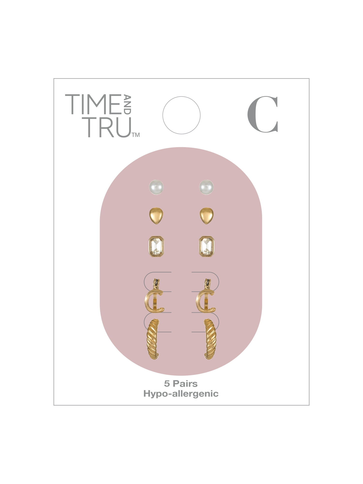 Time and Tru Goldtone Multi Earring Set, 5 Pairs, Initial C