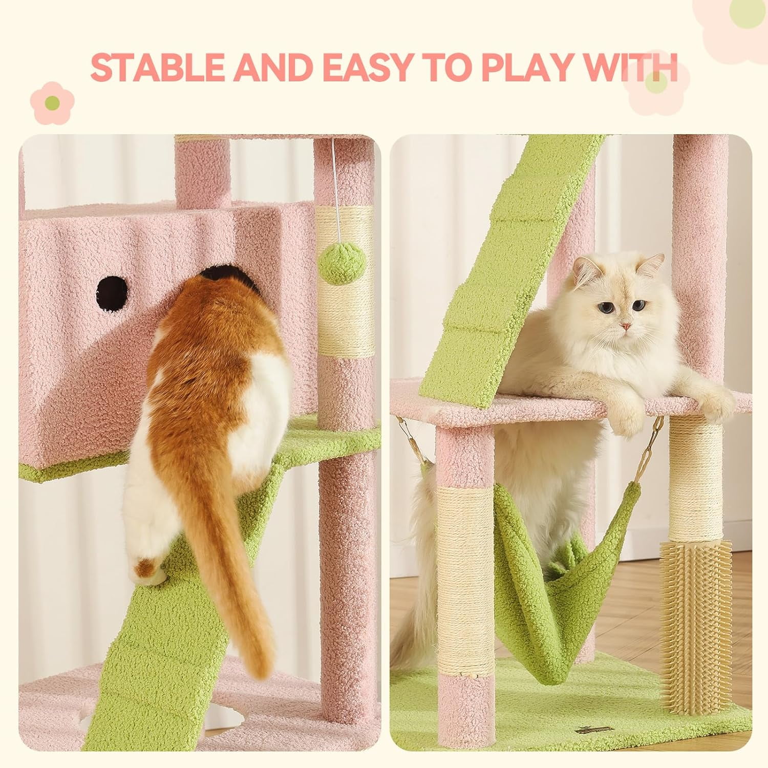 65-Inch Flower  Tree for Large Cats, Pink  Tower with  Large Condo, 2 Perches, Spacious Hammock and 6 Sisal Scratching Posts for Indoor Cats
