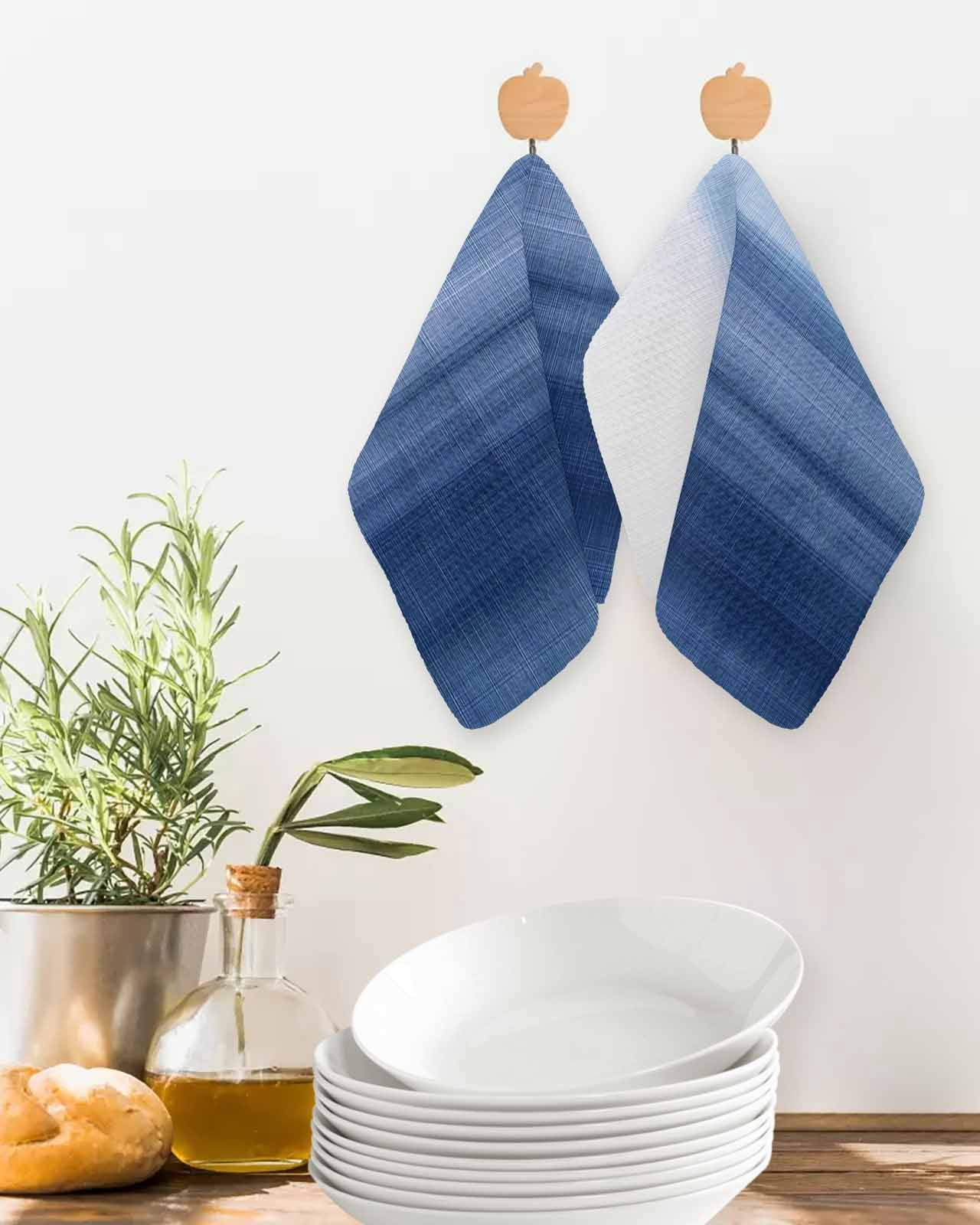Navy Blue White Ombre Kitchen Dish Towels for Drying Dishes Set of 2, Contemporary Minimalism Stripes Waffle Weave Microfiber Terry Hand Tea Bathroom Towels Quick Dry & Absorbent Towel 12x12