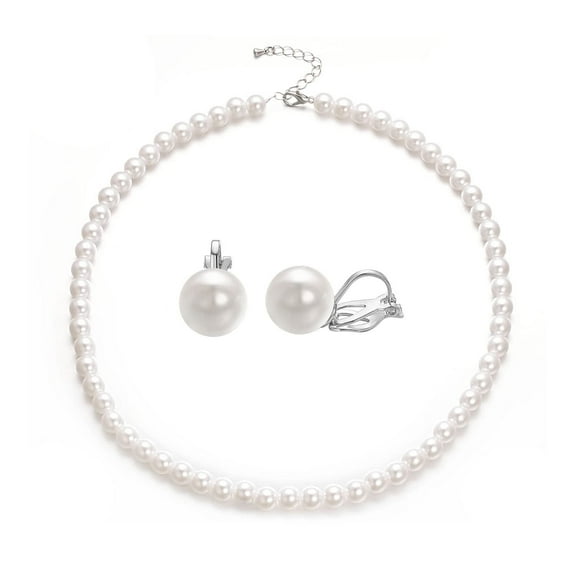 Aleasha 8mm Faux Pearl Necklace Clip On Earrings Set for Women Round White Glass Pearl Wedding Jewelry Gifts