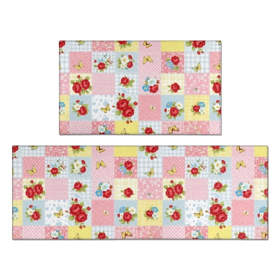 Pioneer Flower Floral Print Pattern Anti Fatigue Kitchen Rugs Set Of 2, Non Slip Washable Decorative Floor Mats for Kitchen Sink Laundry, 17"x30" and 17"x47"