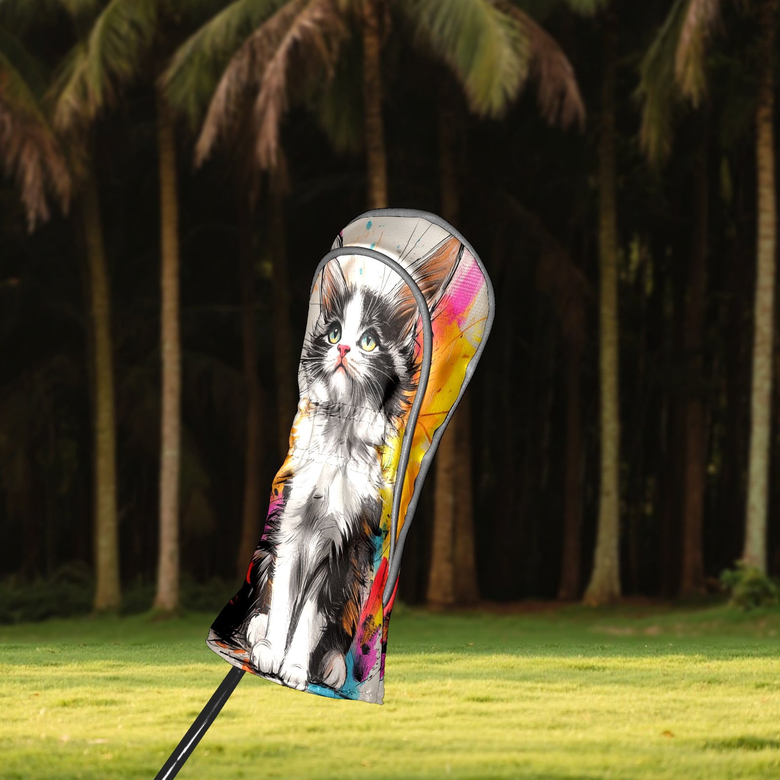 Golf Club Head Covers - Graffiti Cat Design, PU Leather, Waterproof, Fits Fairway Woods/Hybrid, Unisex, Fits Most Brands