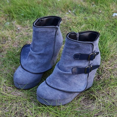 

TALKVE Round Solid Short Buckle Wedges Women Shoes Toe Retro Keep Warm Color Booties Strap Women s Boots