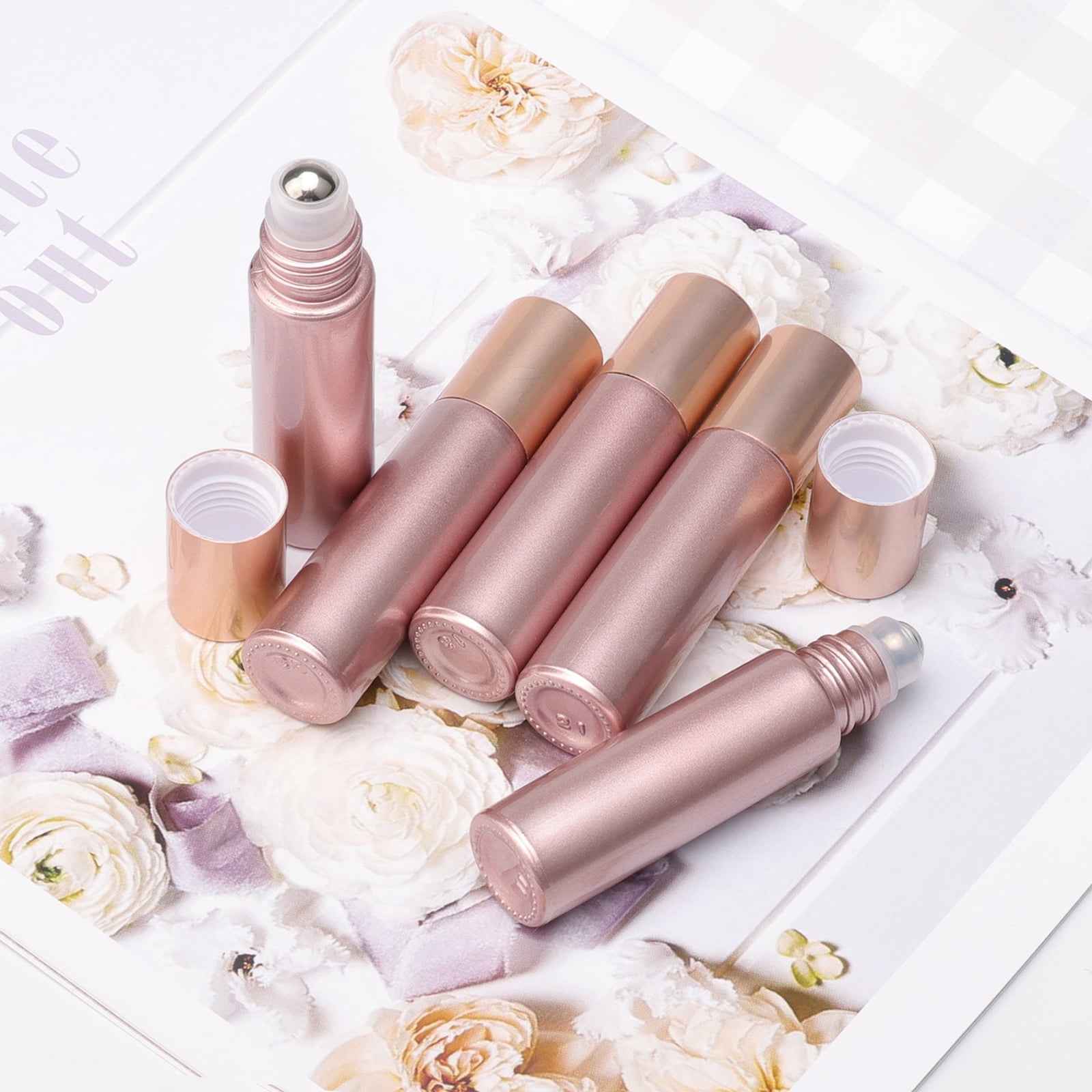 Essential Oil Roller Bottles 33PCS 10ml Matte Rose Gold Roller Bottles with Stainless Steel Roller Balls and Caps for Travel, Perfume and Lip Gloss