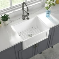 24" White Farmhouse Sink, Ceramic Porcelain Single Bowl Kitchen Sink with Stainless Steel Grid and Strainer