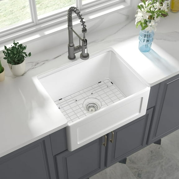 24" White Farmhouse Sink, Ceramic Porcelain Single Bowl Kitchen Sink with Stainless Steel Grid and Strainer
