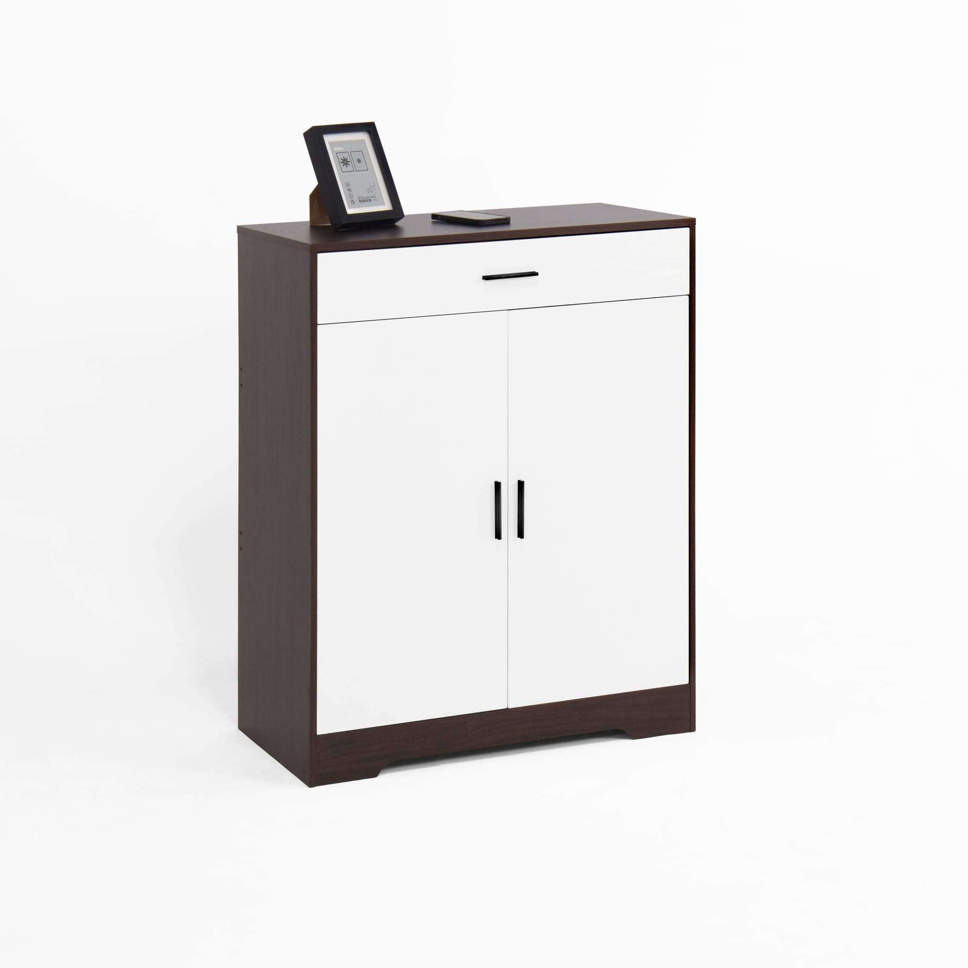 Noble House 4-Tier Shoe Storage Cabinet with Drawer, Adjustable Shelves, Walnut and White