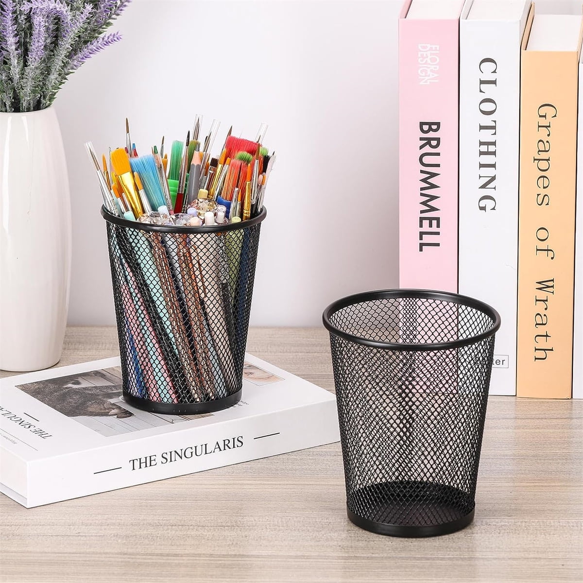 Metal Pen Holder,Happon 6 Pack Mesh Pencil Holder Desk Organized, Makeup Brush Holders, Round Wire Pen Cup Marker Holder for Desk Organizer for Home Office, Black