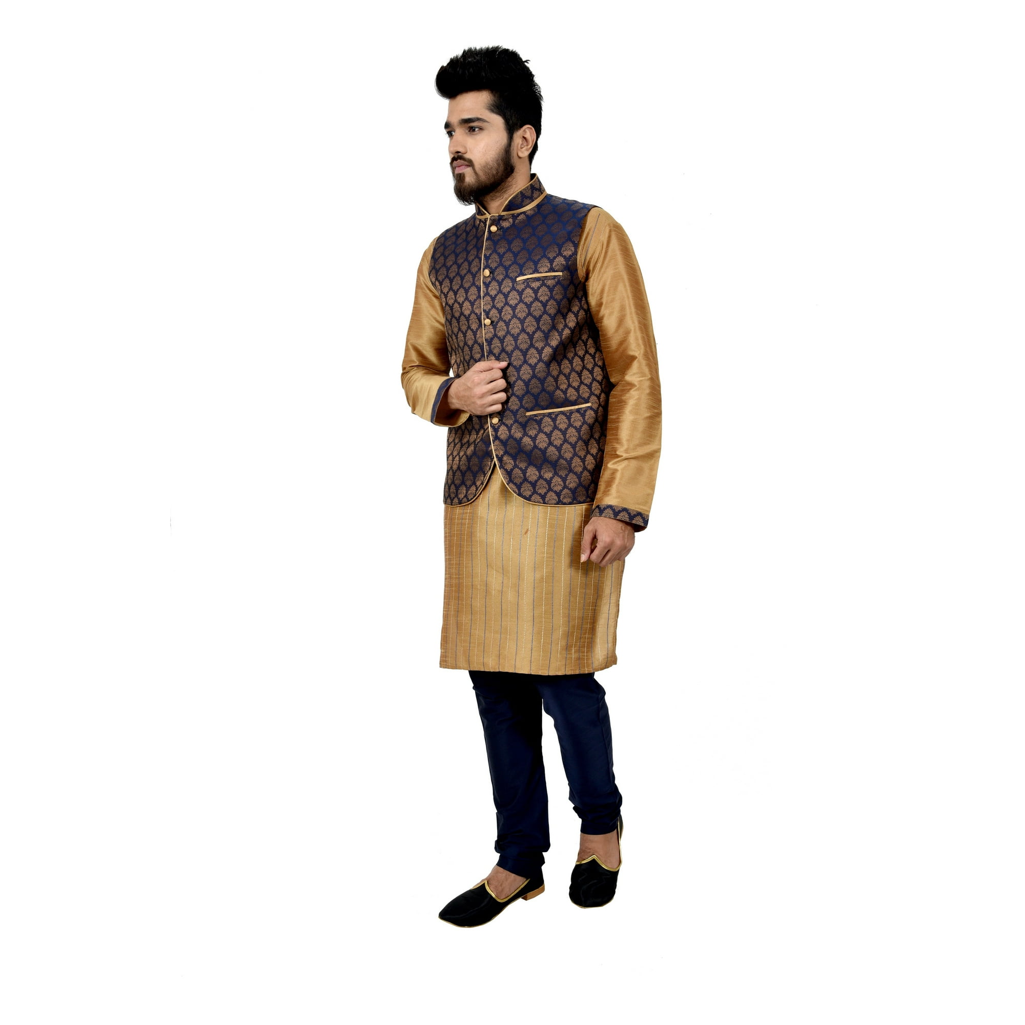 Indian Traditional Silk Golden Sherwani Kurta Set with Navy Blue Jacket for Men. This product is custom made to order. Walmart