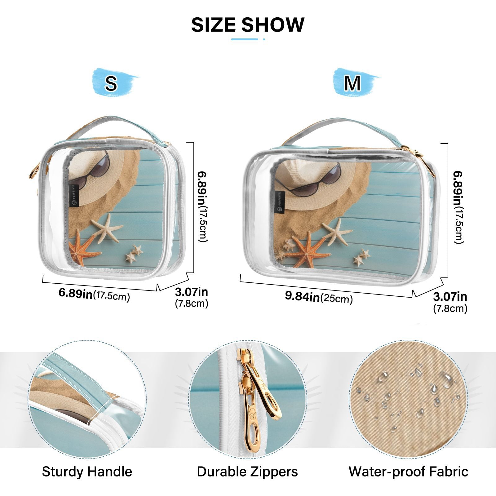 Clear Makeup Bags with Handle Large Opening 2 Pack Set Toiletry Bag Quart Size Bag, for Women Man Traveling Travel Essentials, Toiletries and Other. Holiday Beach Starfish