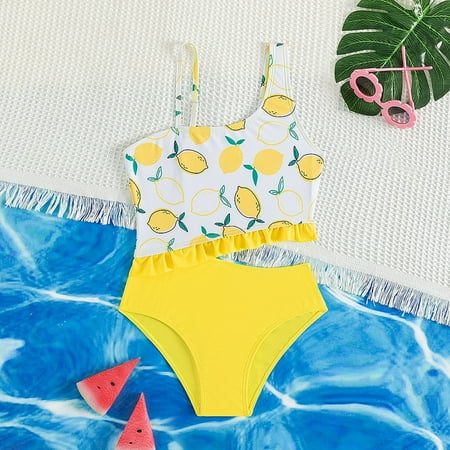 Girl Swimwear Spring Summer Print Sleeveless Holiday Vest Shorts Beach Swimwear Kids Swimsuits Yellow 11 Years-12 Years