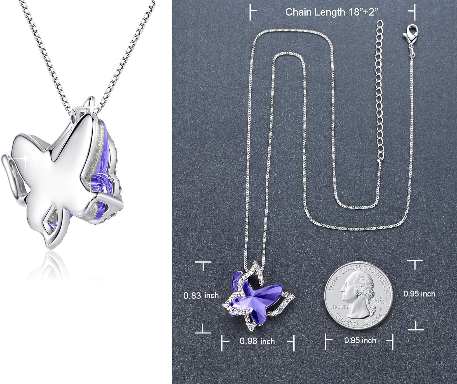 Leander Gift Butterfly Birthstone Crystal Necklace, Silver Tone with 18u201d+2u201d Chain, Necklace for Motheru2019s Day Anniversary Birthday Gifts for Women and Daughter