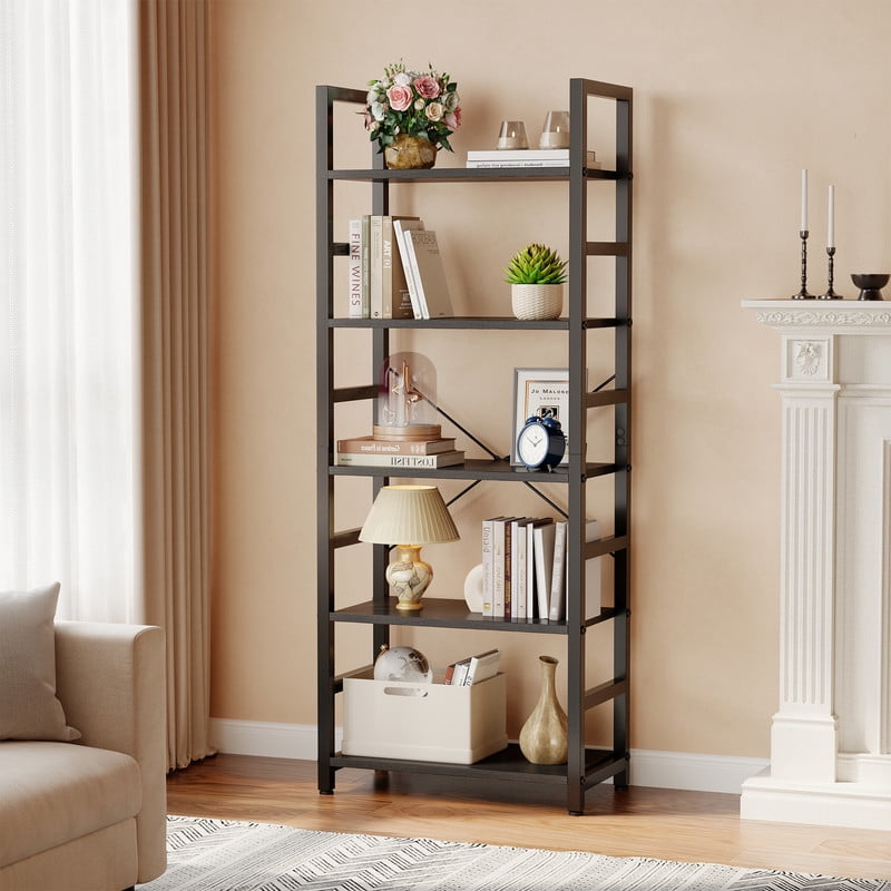 Gianna 5 Tier Bookshelf, Free Standing Shelf, Bookcase Shelf Storage Organizer, Industrial Book Shelves for Home Office, Living Room, Kitchen, Black