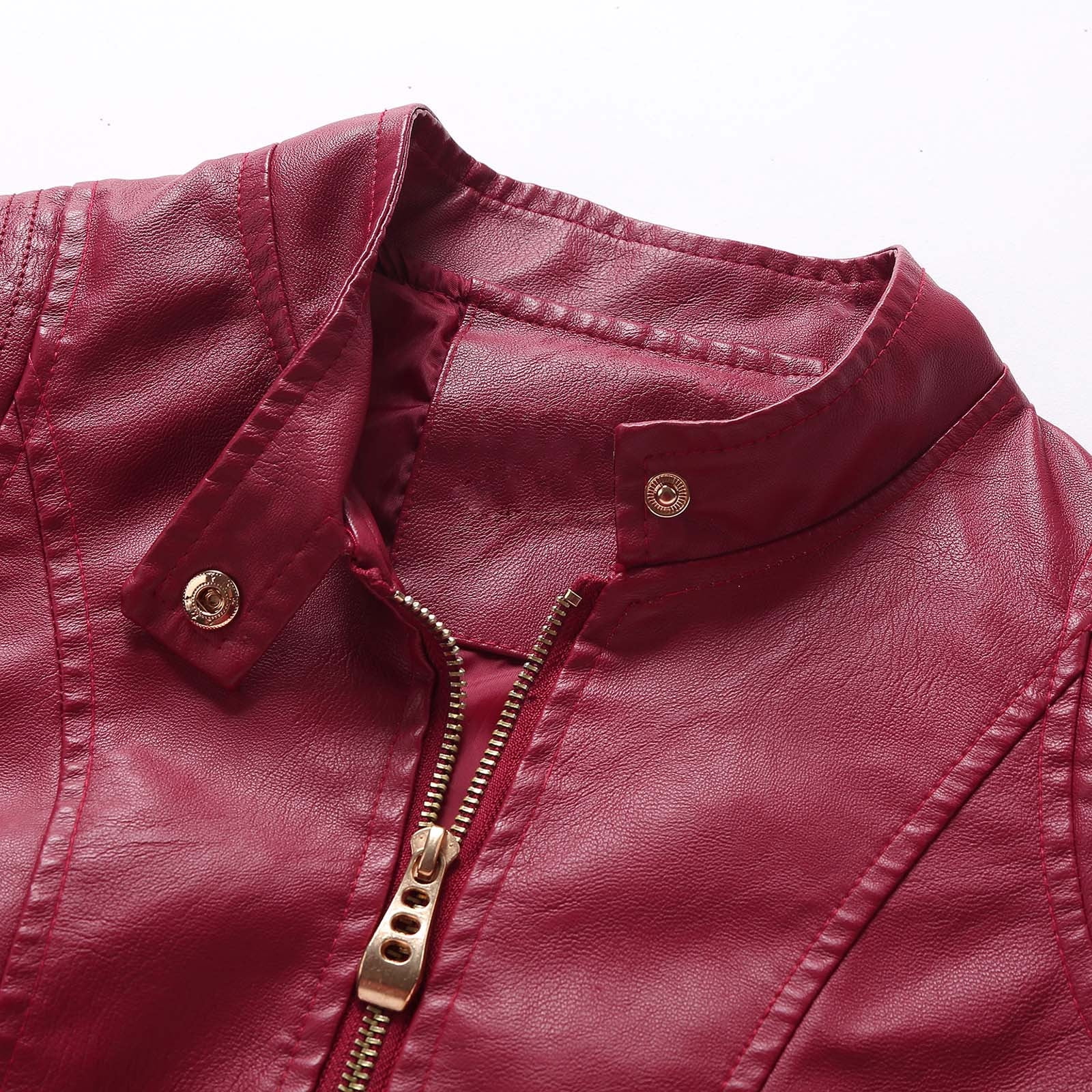 Lovskoo Women Faux Leather Jacket Moto Biker Coat Trendy Jacket Solid Long Sleeve Zipper Pocket Outerwear Tops Short Coat Burgundy