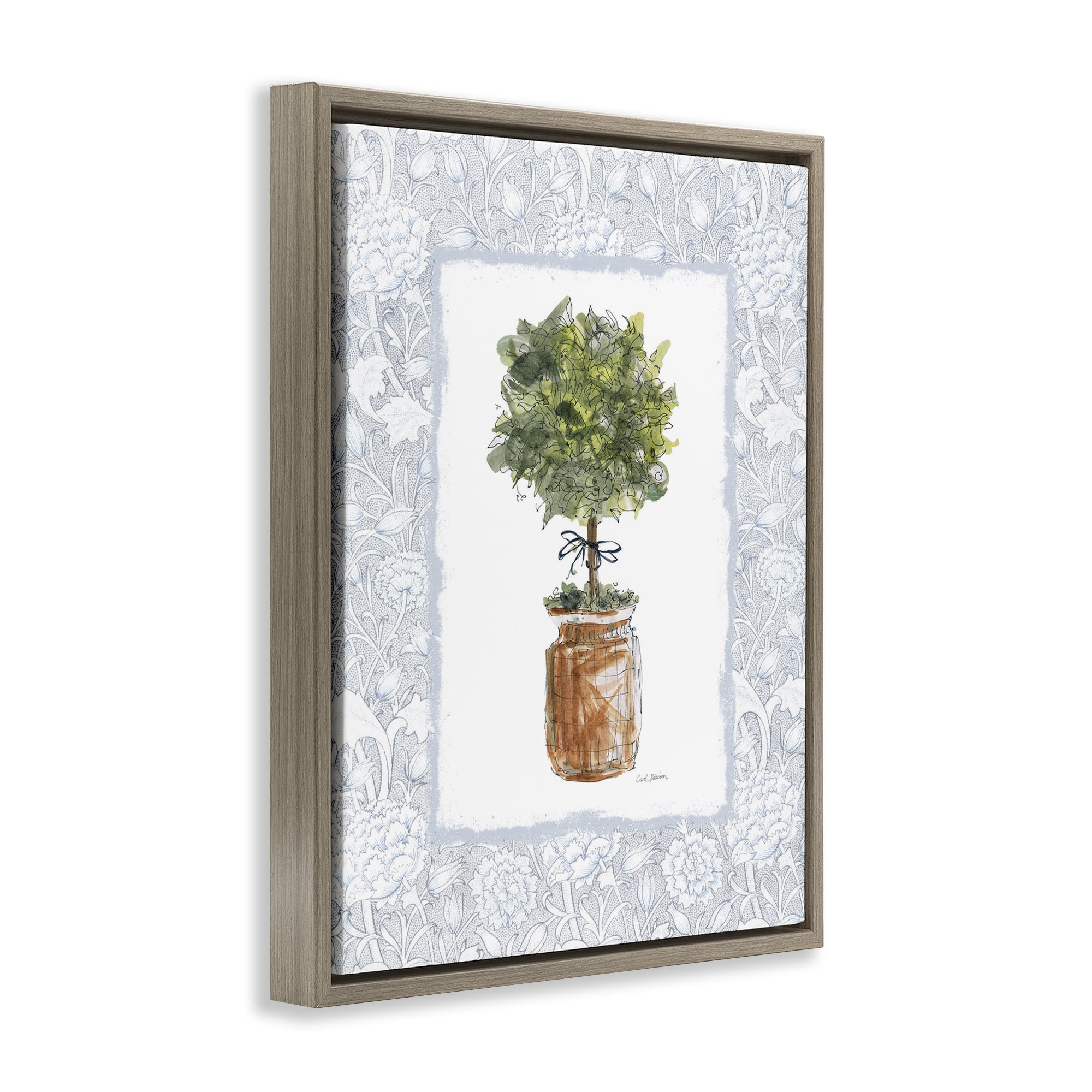 Stupell Industries Potted Topiary with Ribbon Brown Framed Floater Canvas Wall Art, design by Carol Robinson