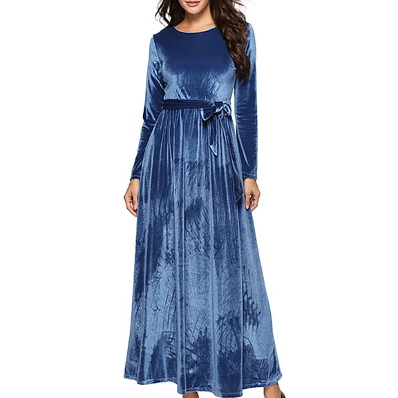 Women's Solid Color Round Neck Long Sleeve Belt Zipper Velvet Gown Long Dress