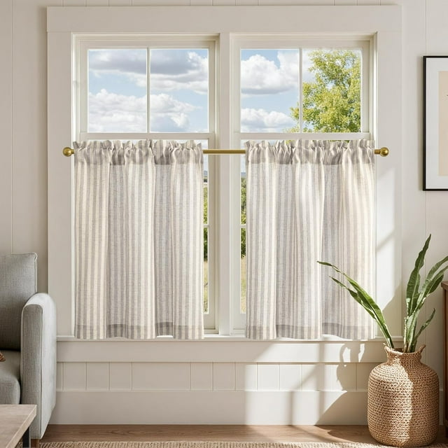 Striped Linen Kitchen Curtains 24 Inches Tier Curtains Farmhouse Modern Cafe Style Small Window Treatments Airy Light Filtering Rod Pocket for Living Room Bathroom 2 Panels Taupe Grey