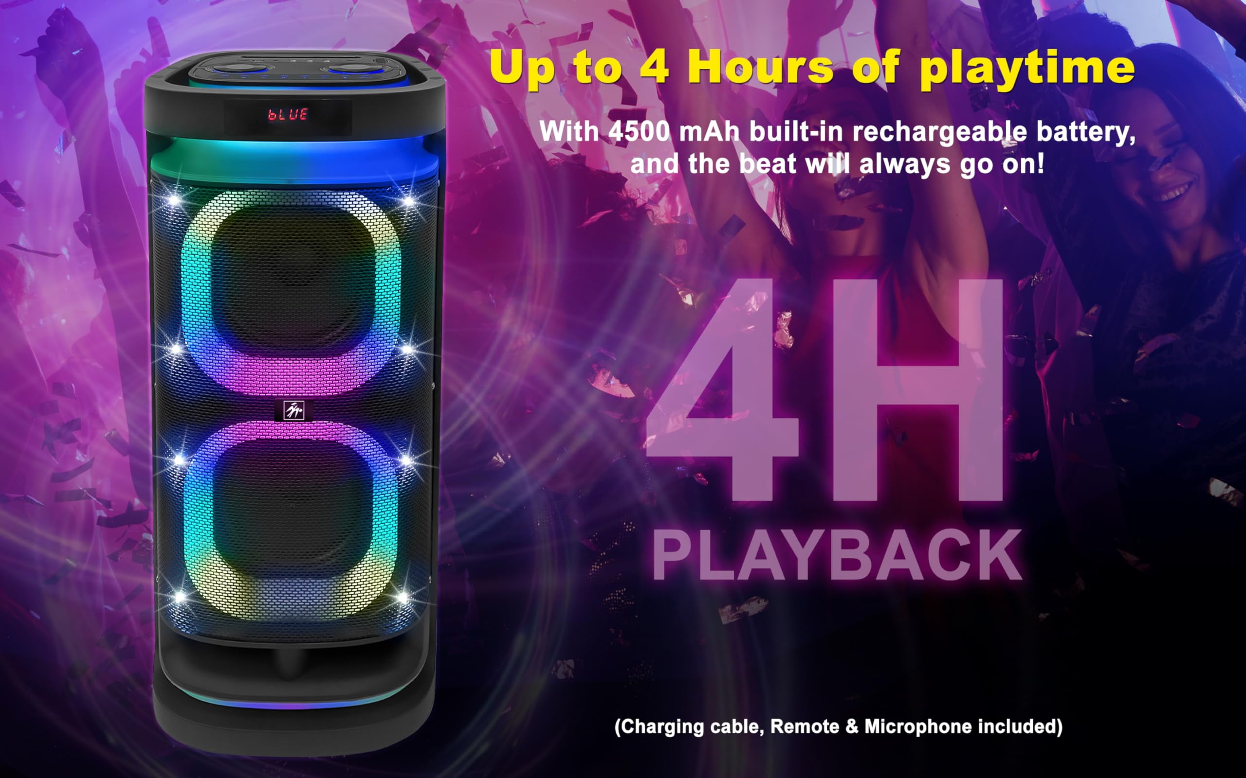 Fisher Portable Bluetooth Wireless Speaker:Dual 8" Subwoofer 60W Peak Power Loud HD Deep Bass Sound|LED Lights|Rechargeable|Karaoke|Microphone|TWS Pairing|USB Port|TF|AUX|FM Radio|Guitar Jack