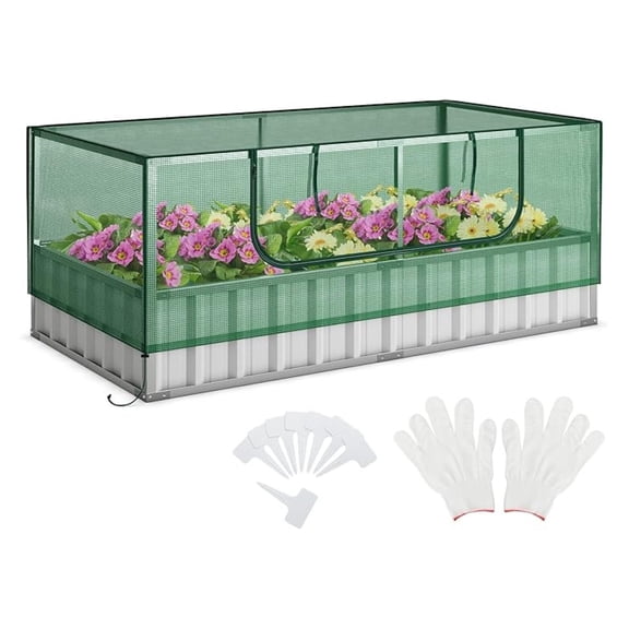 Galvanized Raised Garden Bed with Cover, 69” x 36” x 28” Galvanized Raised Planter Box with Roll up Window, A Pair of Gloves & 8PCS T Tags, Outdoor Planter Raised Beds for Flowers,