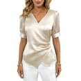thumbnail image 2 of Pounoo Women's Tops Satin V-Neck Wrap Front Short Sleeve Blouses Elegant Office Vibe Lightweight Stretchy Slim Fit Outfits Gift, 2 of 6