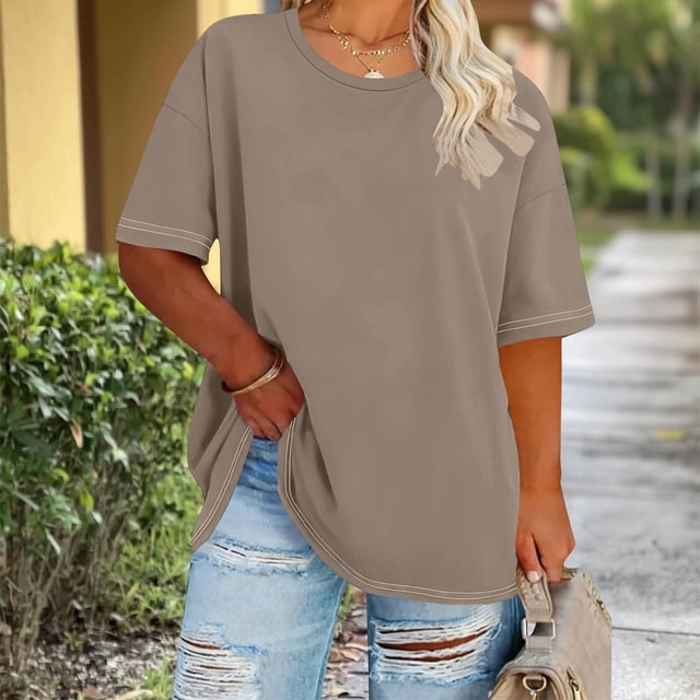 Ounisa Hauts pour Femmes Grande Taille Été Manches Courtes Côtelées Col Rond T-Shirts Basiques Mode
