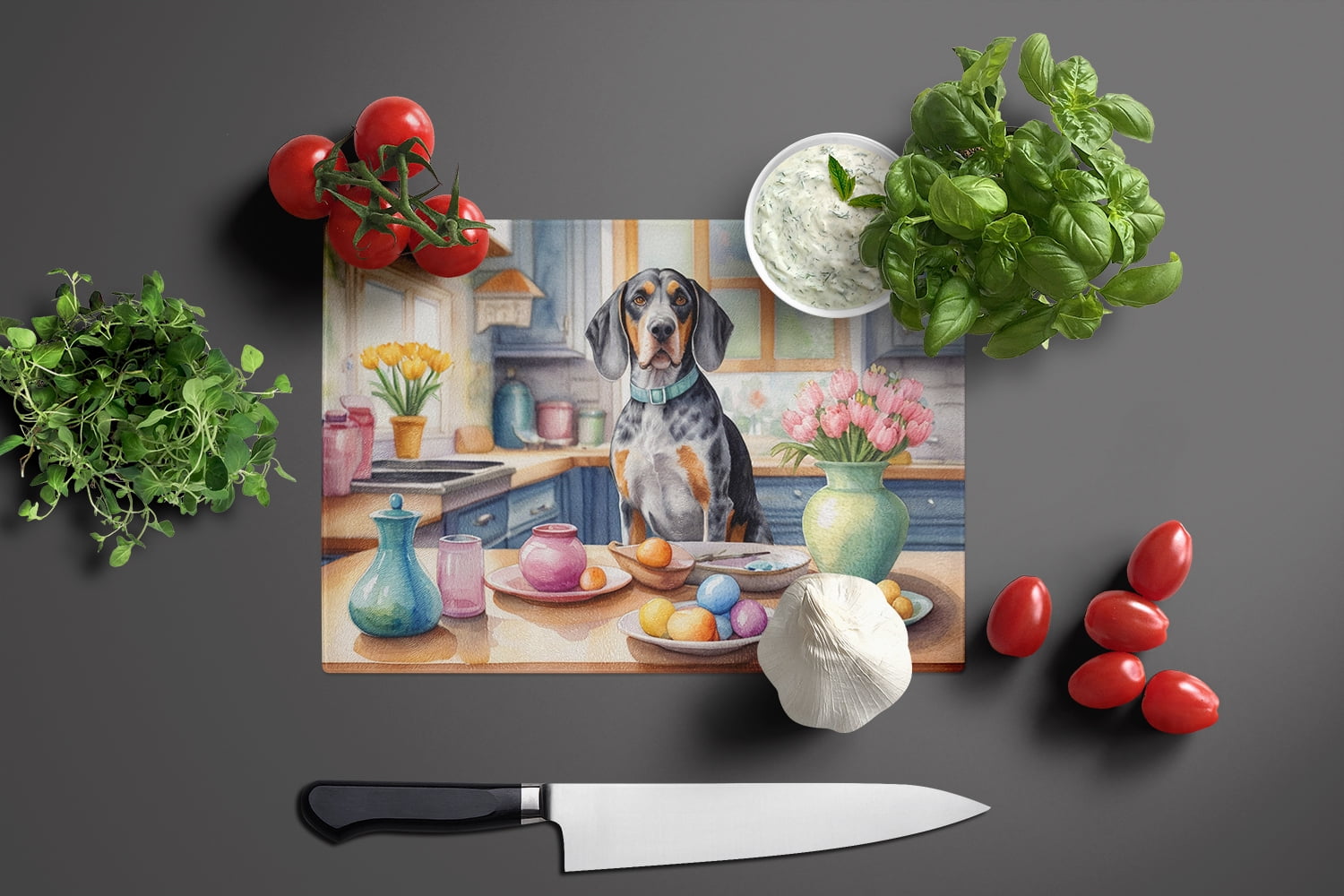 Decorating Easter Bluetick Coonhound Glass Cutting Board 12 in x 15 in