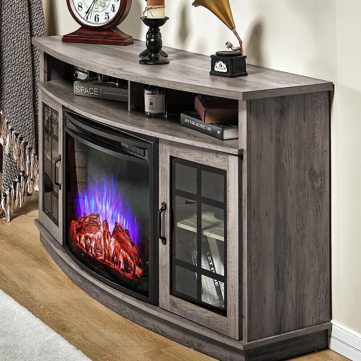 VANACC TV Stand with 26" Fireplace, 63" Entertainment Center with Fireplace', Wash Gray