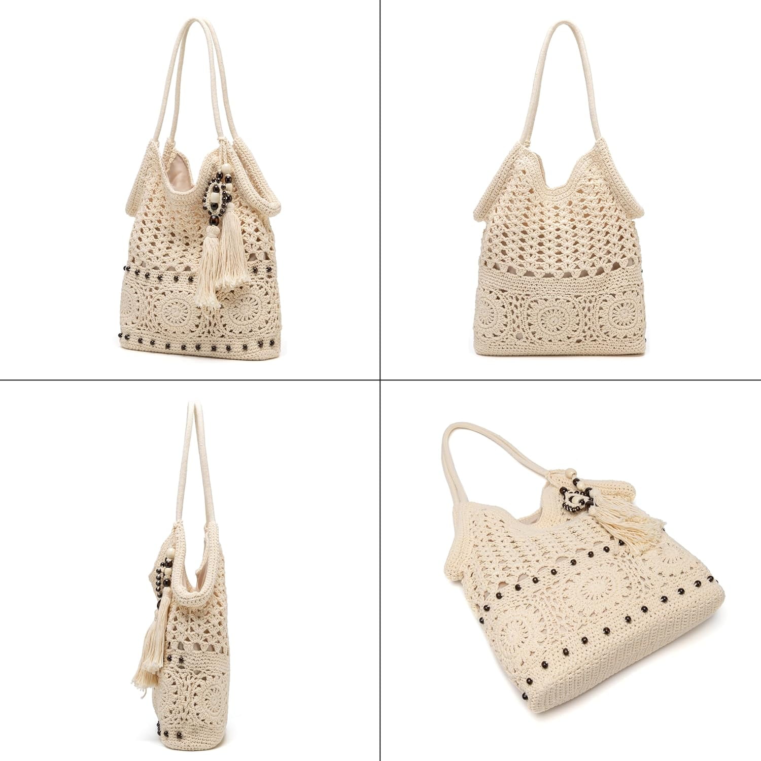 Crochet Hobo Bag for Women Boho Woven Tote Bag Summer Vacation Beach Handbags Bohemian Shoulder Purse with Tassels