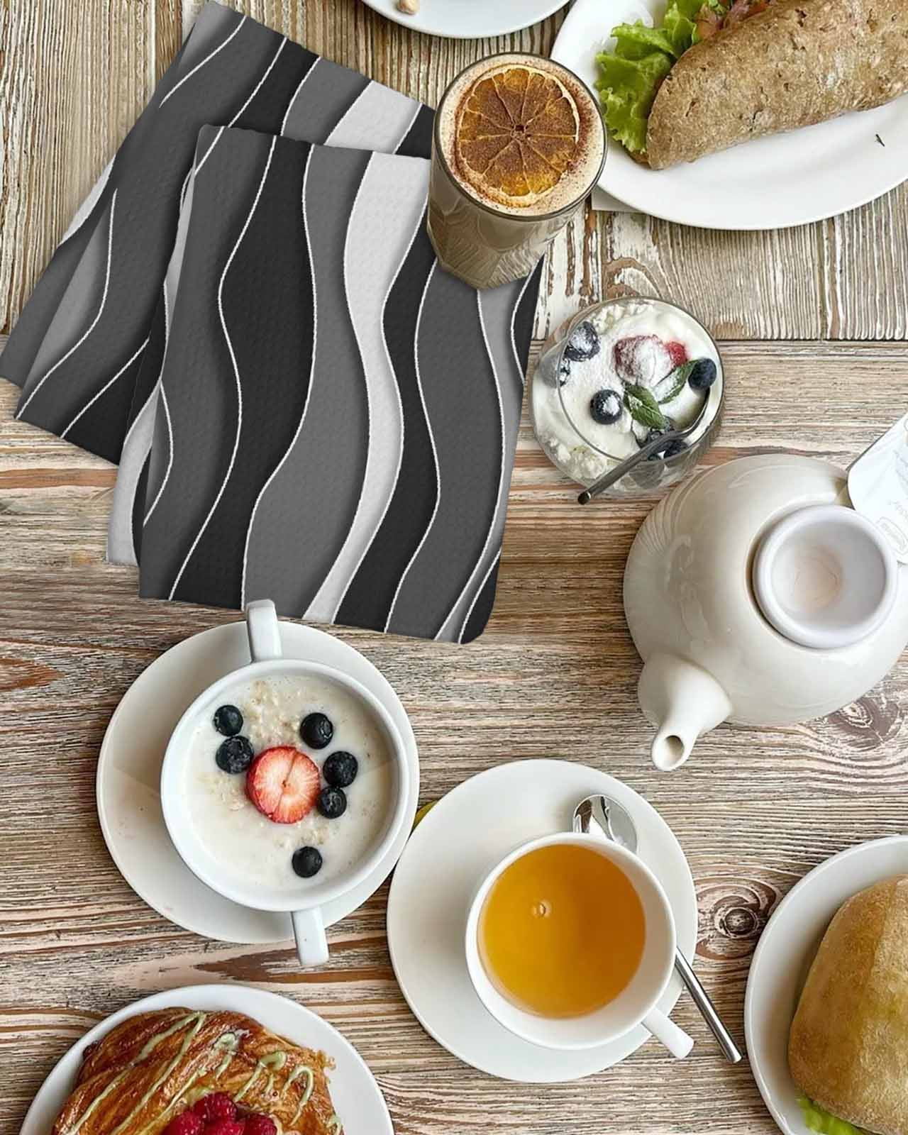 Black Stripes Kitchen Dish Towels for Drying Dishes Set of 3, Modern Simple Greyish Gradient Lines Waffle Weave Microfiber Terry Hand Tea Bathroom Towels Quick Dry & Absorbent Towel 15.7x23.6