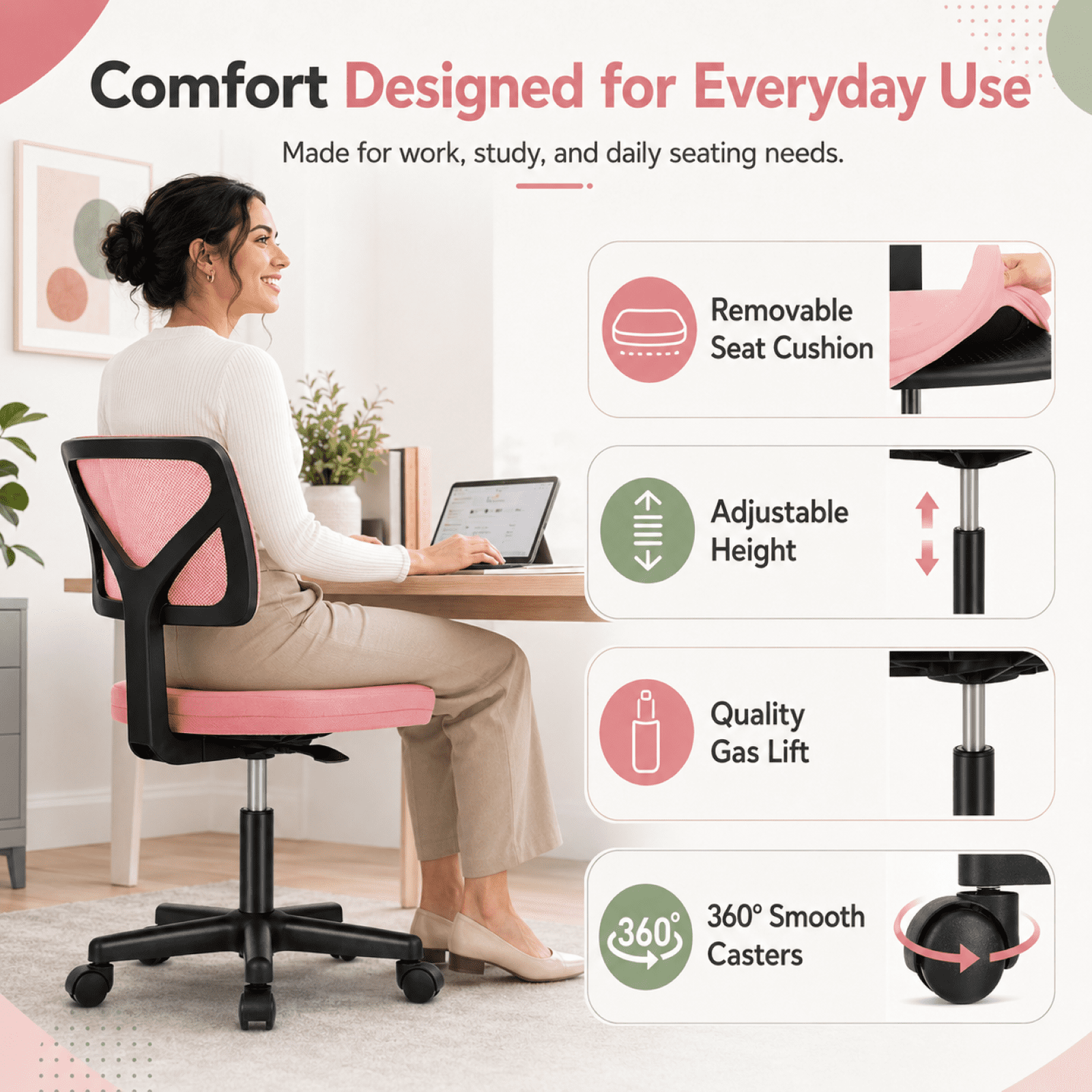 Kelno Small Desk Chair with Wheels Adjustable Computer Desk Chair with Lumbar Support Mesh Ergonomic Low-Back Office Chair, Pink