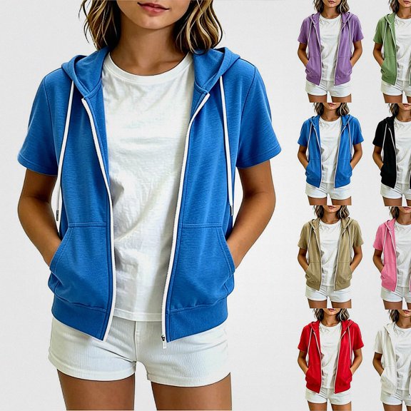 HAOTAGS Girls Hooded Sweatshirt Jacket Loose Short Sleeve Zipper Hoodie Blue Size 9